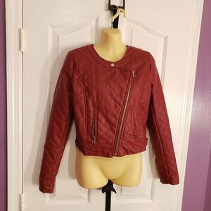 Burgundy Quilted Faux Leather Moto Jacket Charlotte Russe Size Medium Y2K Junior